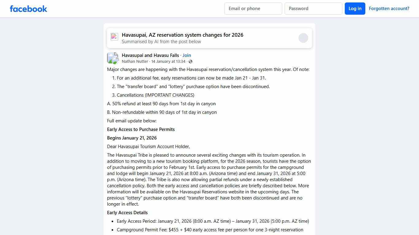 Havasupai and Havasu Falls Major changes are happening with the Havasupai reservation/cancellation system this year Facebook