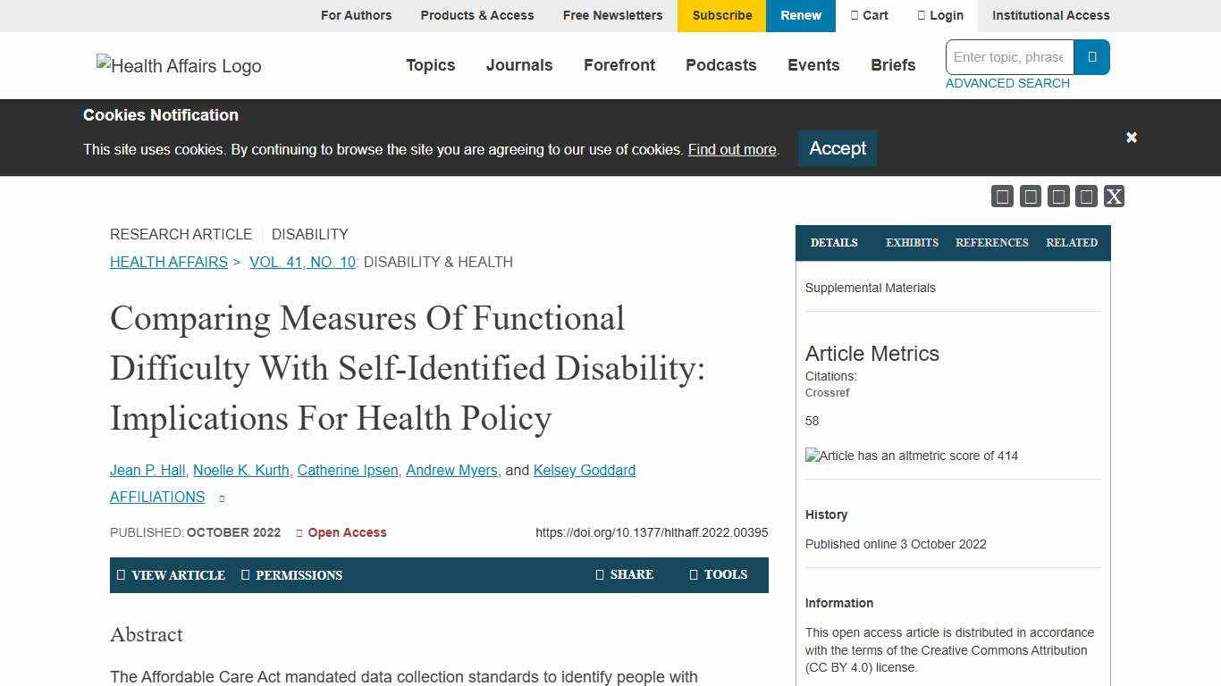 Comparing Measures Of Functional Difficulty With Self-Identified Disability: Implications For Health Policy Health Affairs