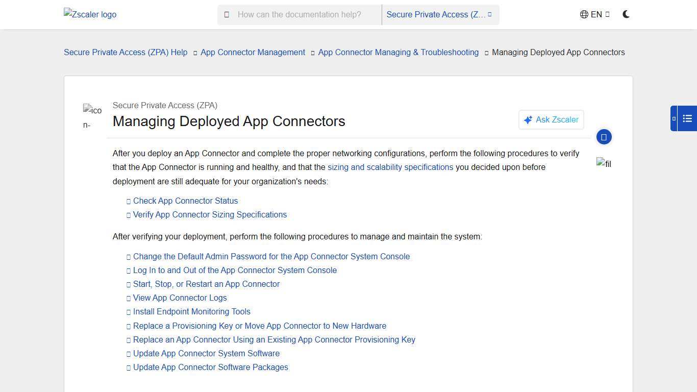 Managing Deployed App Connectors Zscaler